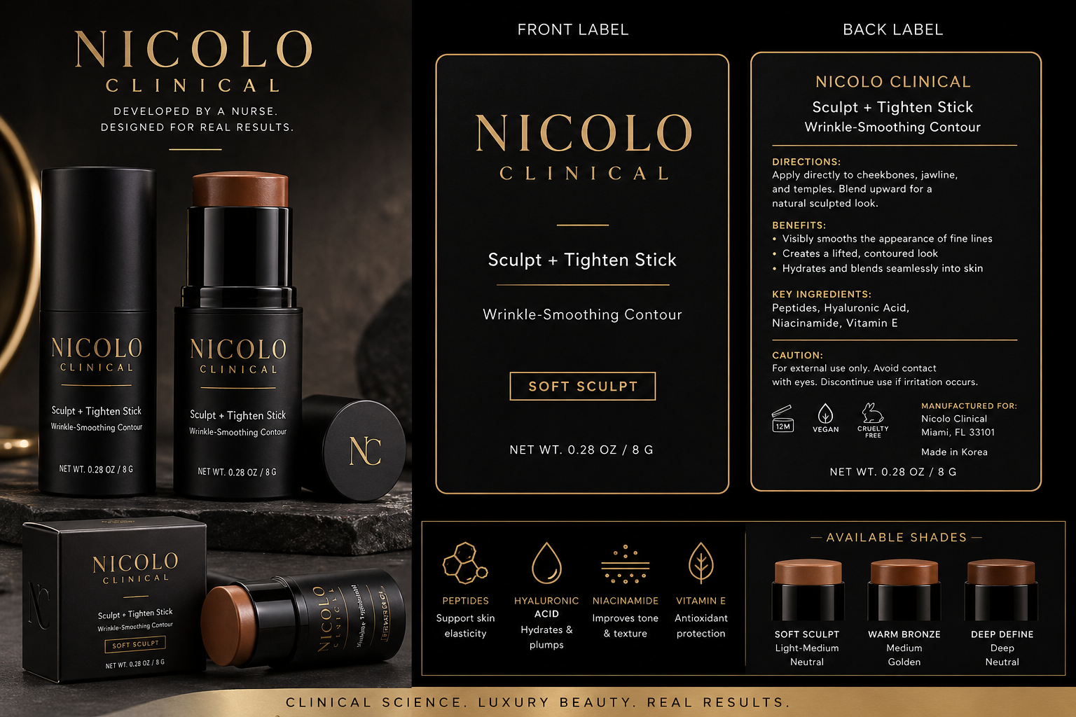 luxury anti-aging contour stick and glow serum packaging for mature skin